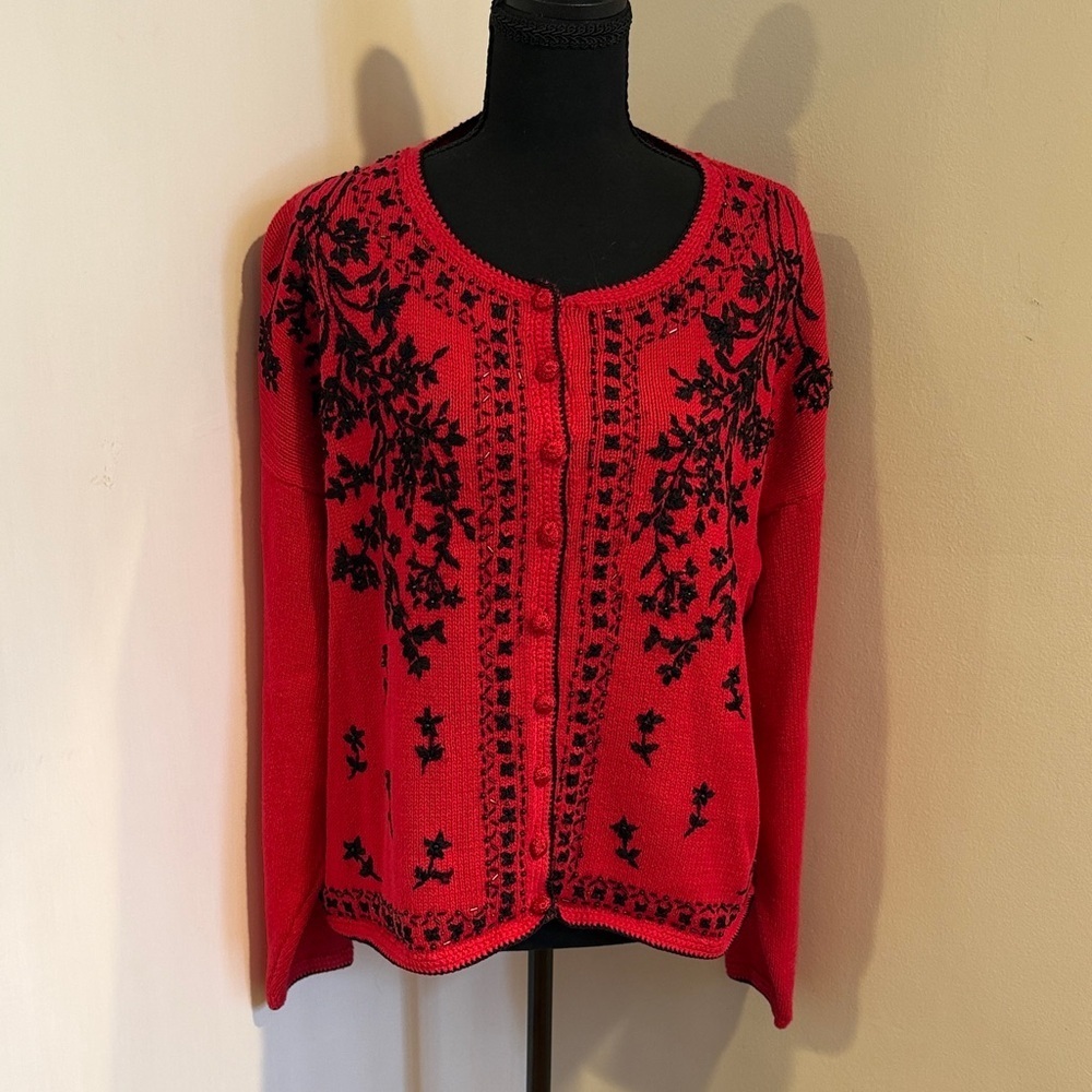 Vintage Tiara International Red Black Embellished Cardigan Sweater XL 90s
